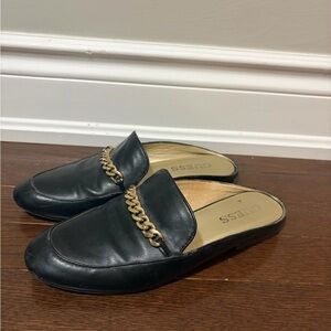 GUESS Black Leather Loafers with Gold Chain Detail